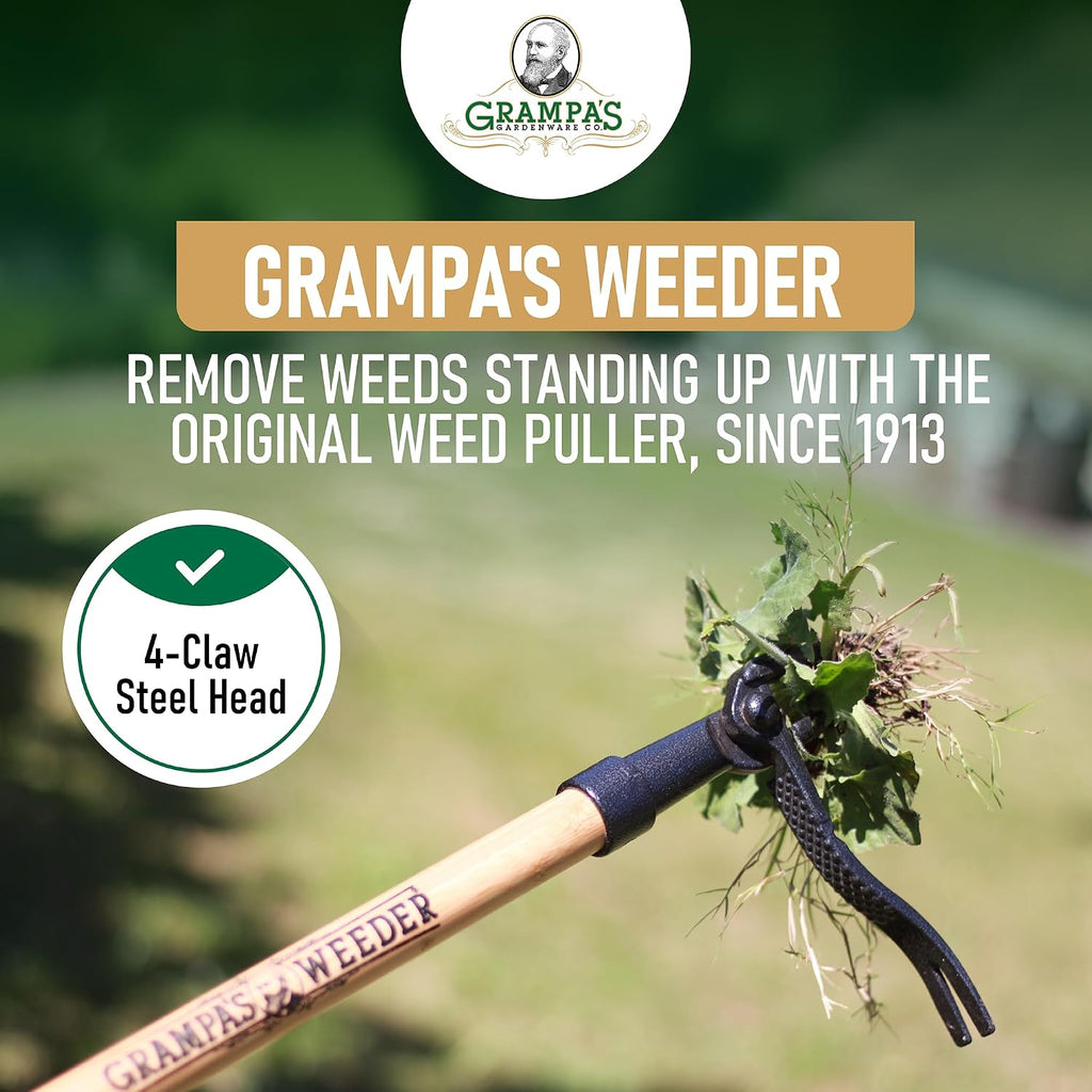 Stand Up Weed Puller Tool with 4-Claw Steel Head and Long Handle
