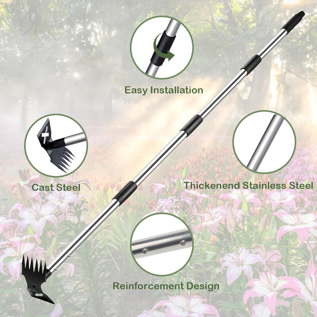 Long Handle Weed Puller Tool Heavy Duty Garden Hoe and Rake 60 Inch 2 in 1 Manual Weeder for Garden Yard Lawn
