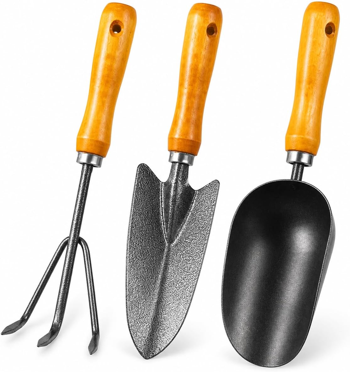 3-in-1 Garden Hand Tool Set Carbon Steel Trowel Transplanter Cultivator with Wooden Handle