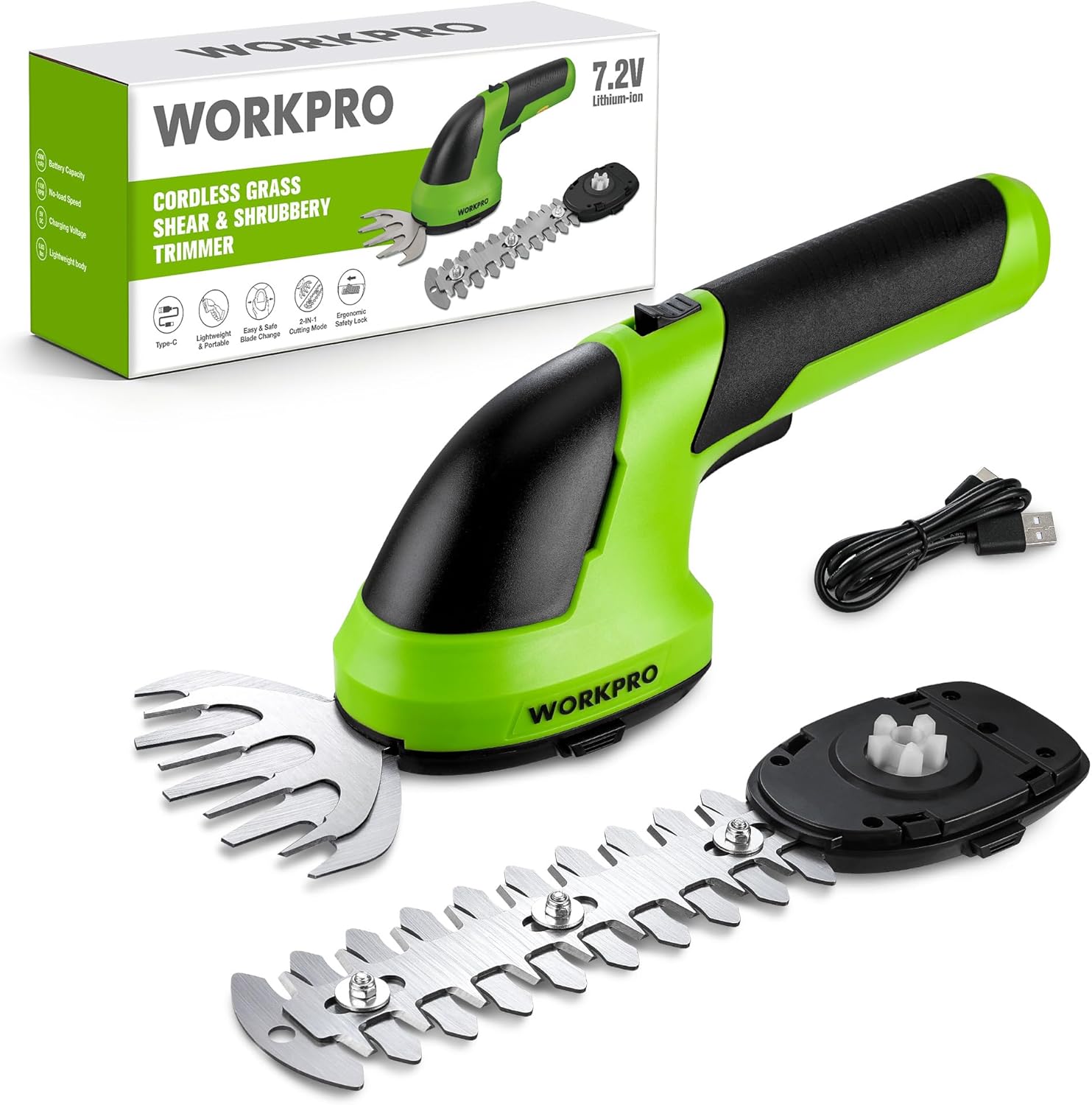 7.2V Cordless Grass Shear & Shrubbery Trimmer with 5.9" Shrub Blade and 4.2" Grass Shear, USB-C Charging, Handheld for Garden and Lawn