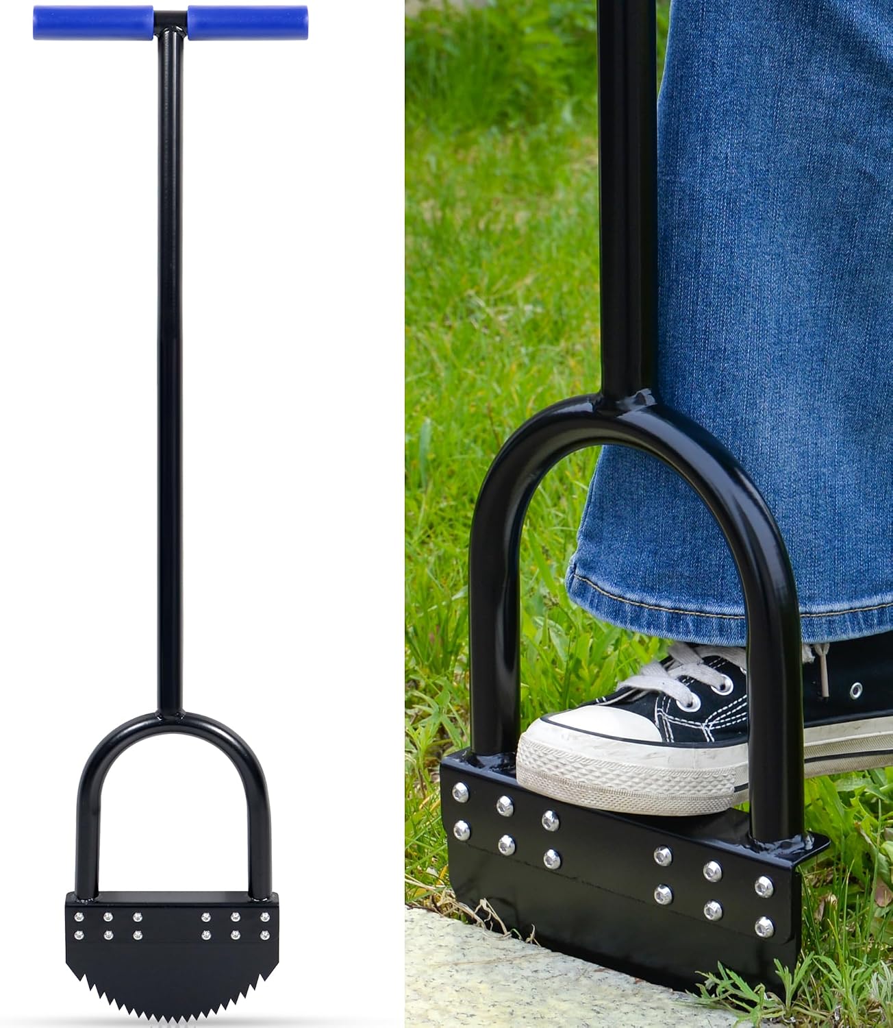 Half Moon Lawn Edger Tool with Serrated Spring Steel Blade and Wide Footplate