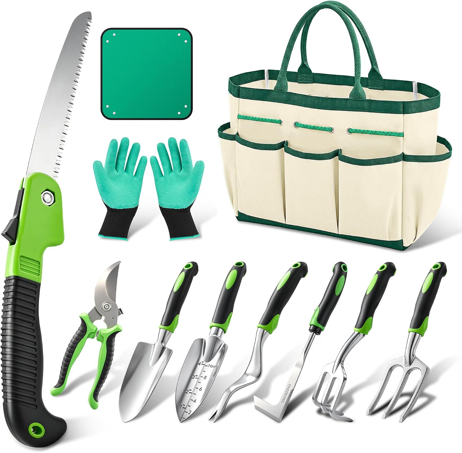 Garden Tool Set with Gloves Bag Pruner Saw Trowel Rake for Weeding Planting