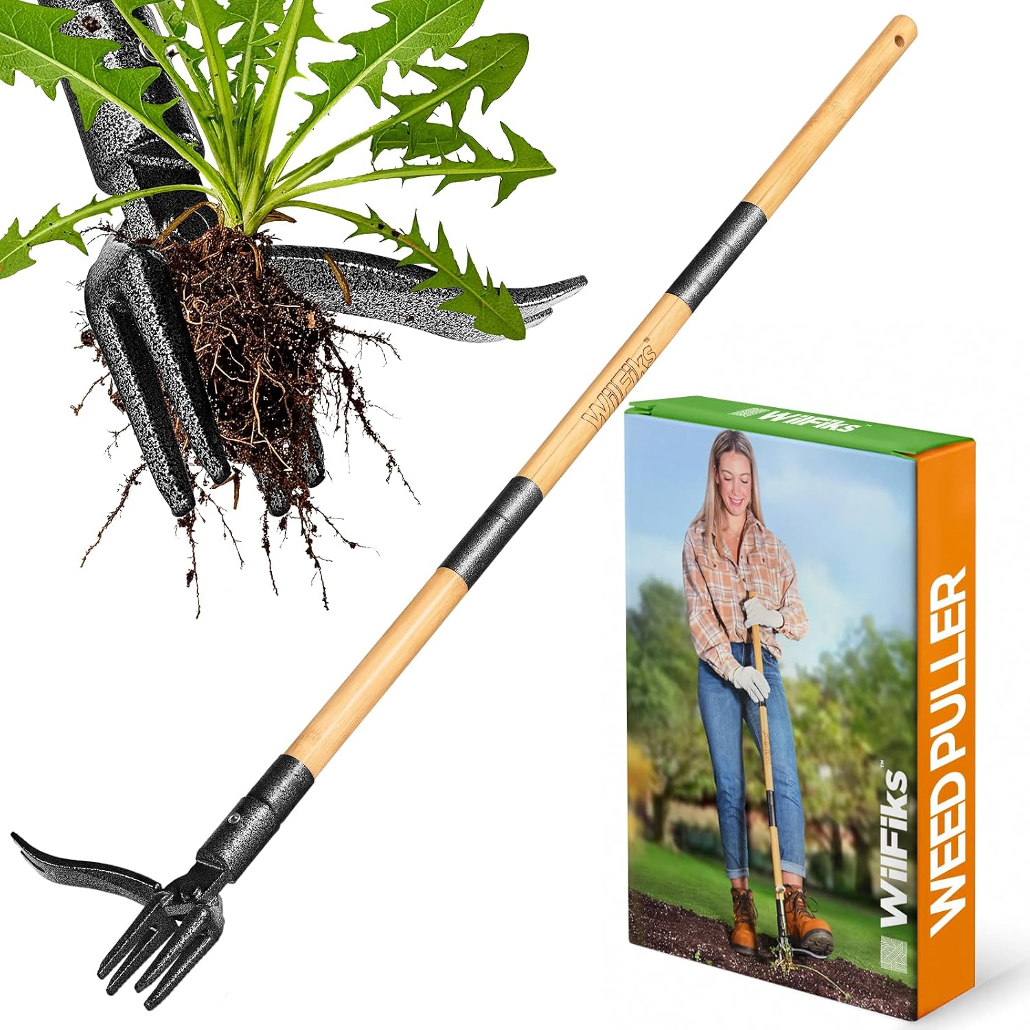 Stand Up Weed Puller Tool with Long Handle and 4-Claw Steel Head