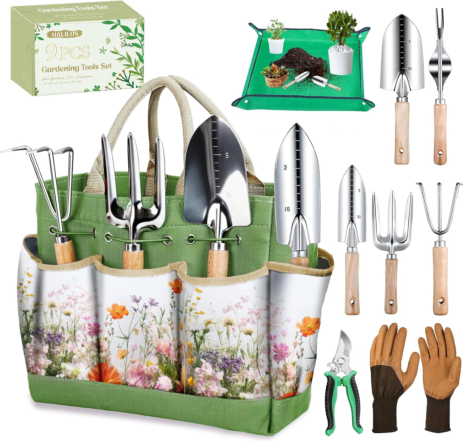 9-Piece Garden Tool Set Stainless Steel Hand Tools with Floral Tote Bag