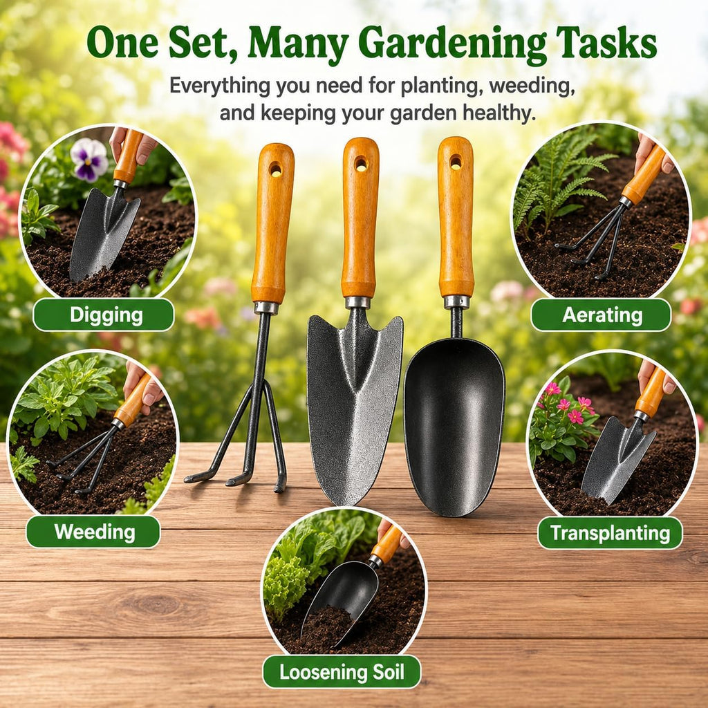 3-in-1 Garden Hand Tool Set Carbon Steel Trowel Transplanter Cultivator with Wooden Handle