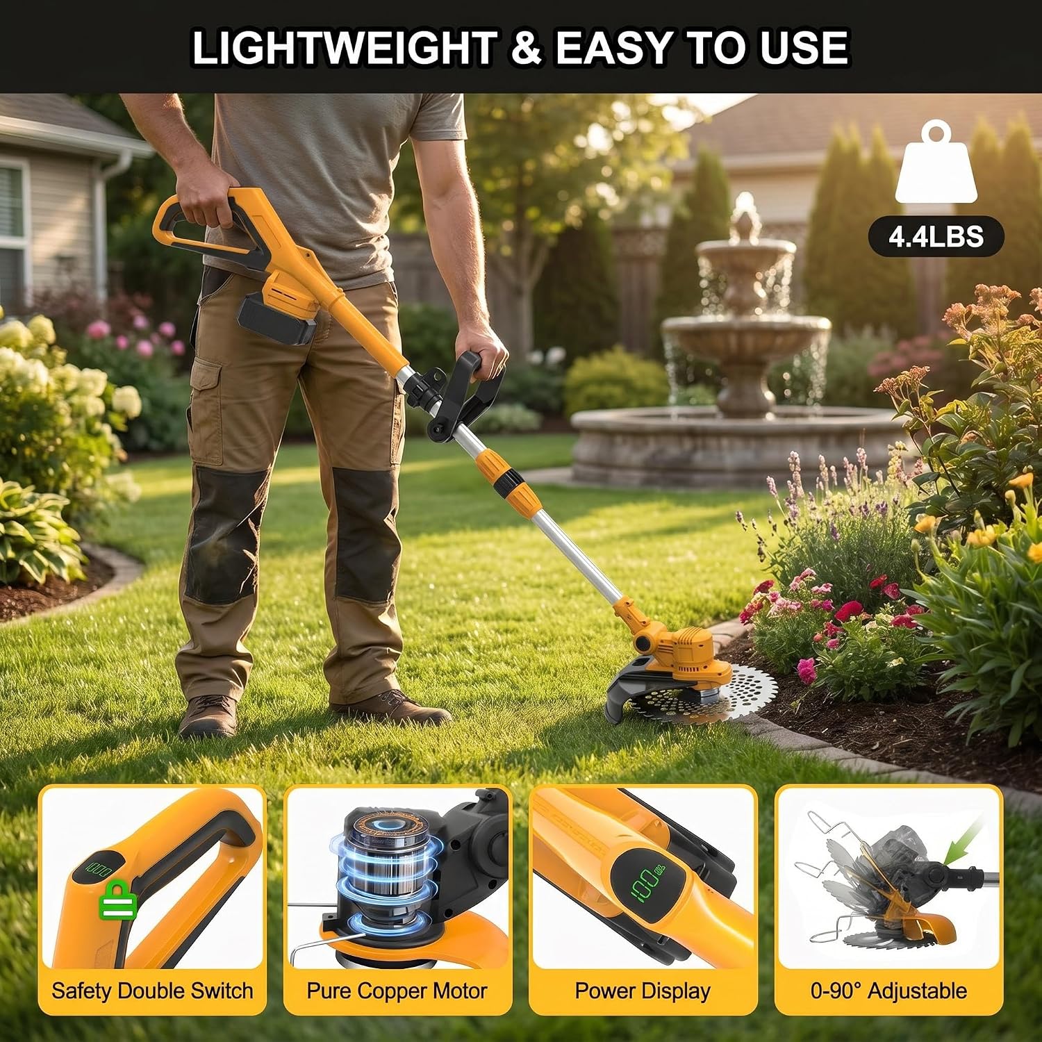 Cordless Weed Wacker with Wheels, 5-in-1 Electric String Trimmer, Battery Powered Weed Eater with 2 Batteries, Foldable Height Adjustable Lightweight Edger Lawn Tool