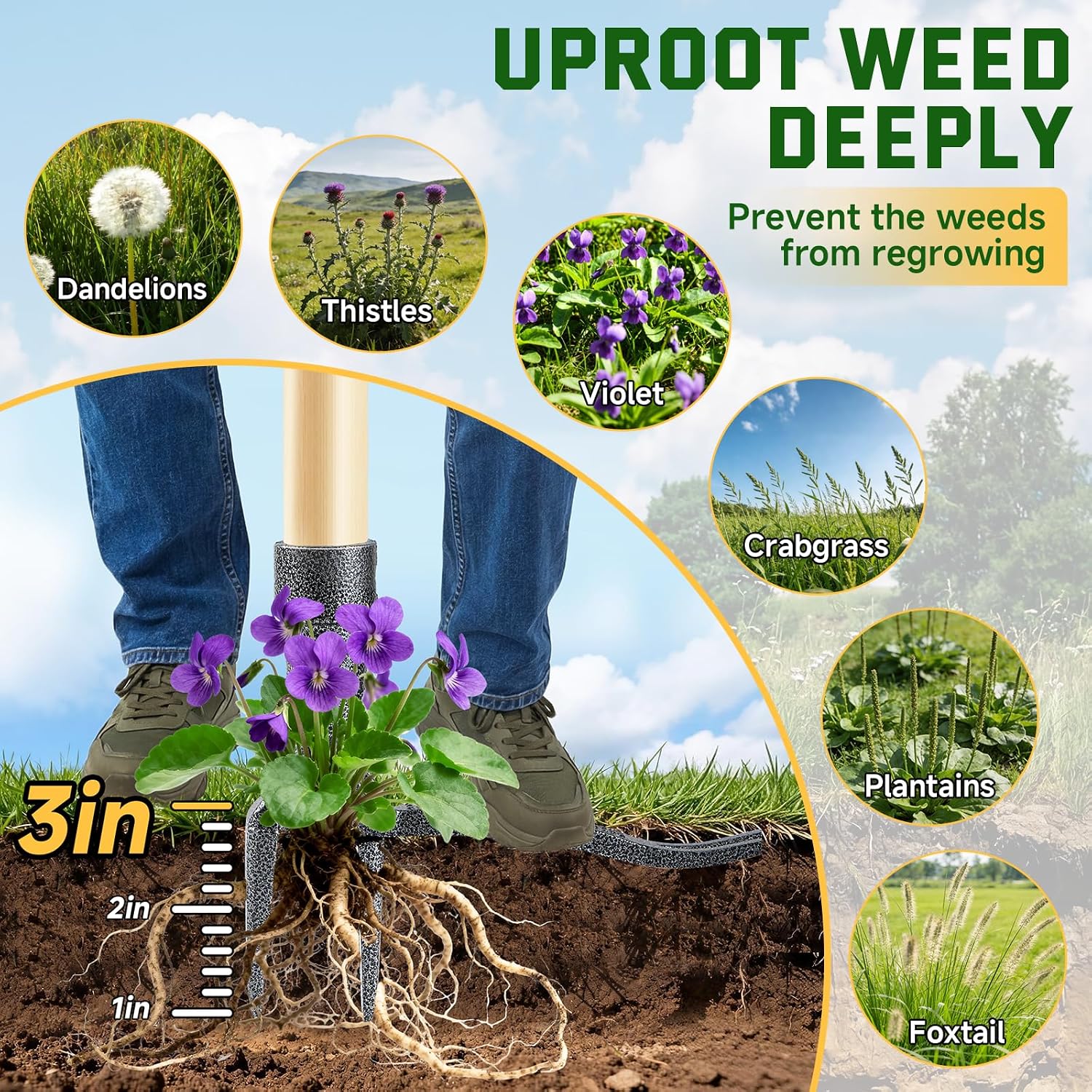 Stand-Up Weed Puller Tool with Long Handle 4-Claw Steel Head