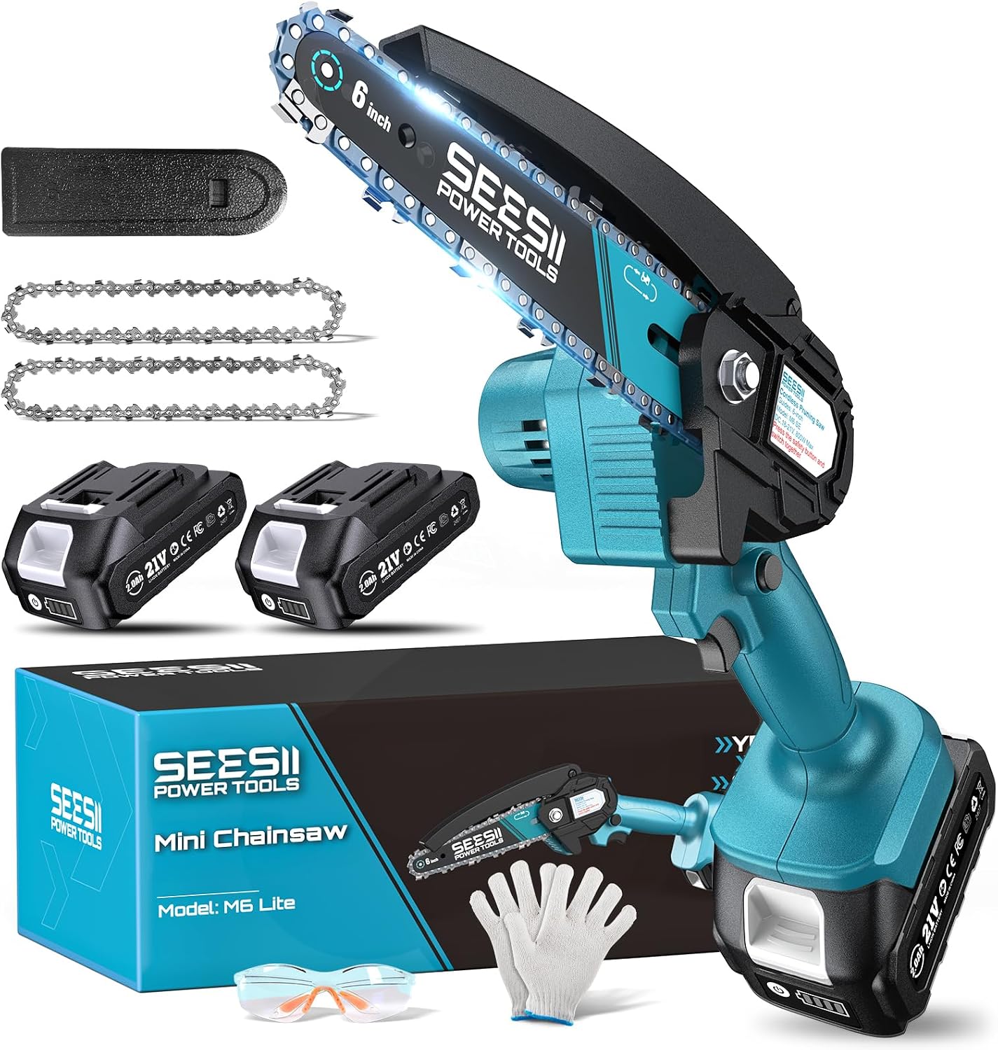 6-Inch Cordless Mini Chainsaw Handheld Electric Power Chain Saw with 2 Batteries for Tree Trimming and Wood Cutting