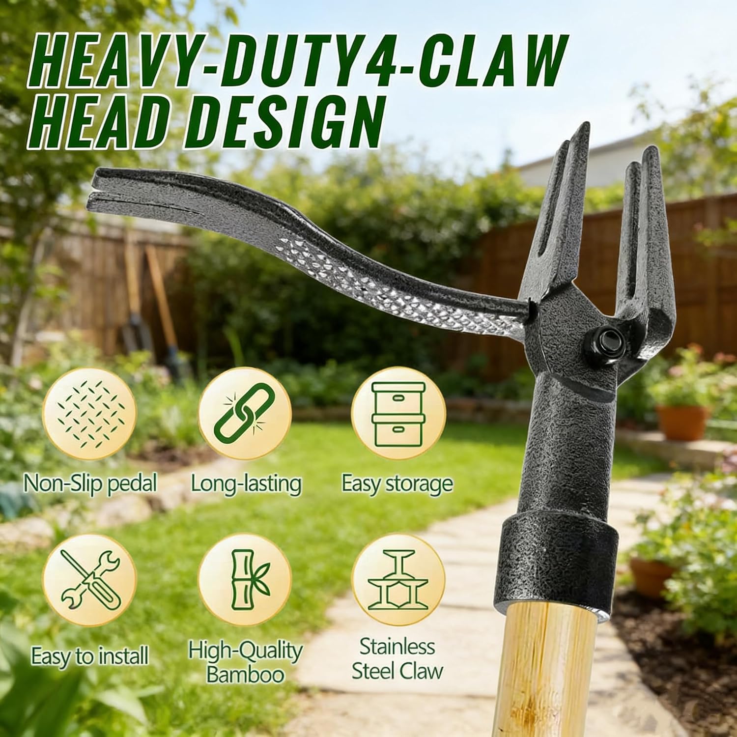 Stand-Up Weed Puller Tool with Long Handle 4-Claw Steel Head