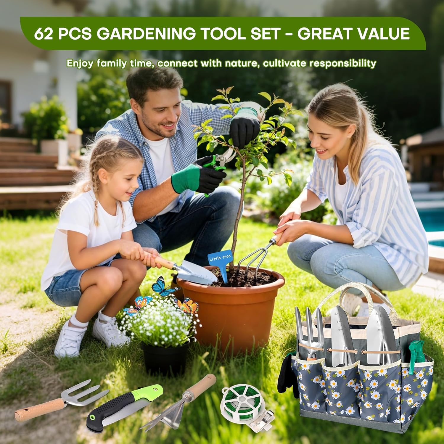 62-Piece Heavy-Duty Garden Tool Set, Complete Garden Tool Kit with Stainless Steel Shovel, Repotting Mat, Pruning Shear and Durable Gardening Tool Bag