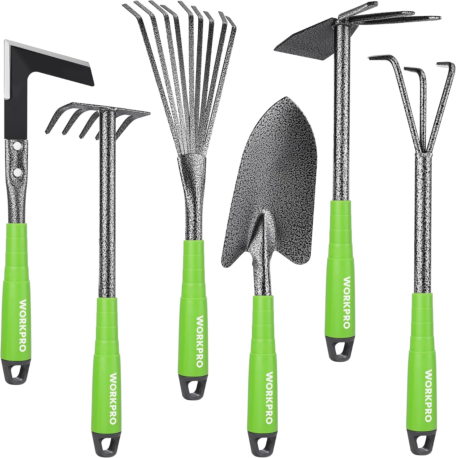 6-Piece Garden Tool Set with Soft Rubber Handle, Trowel, Rakes, Hoe and Crack Weeder