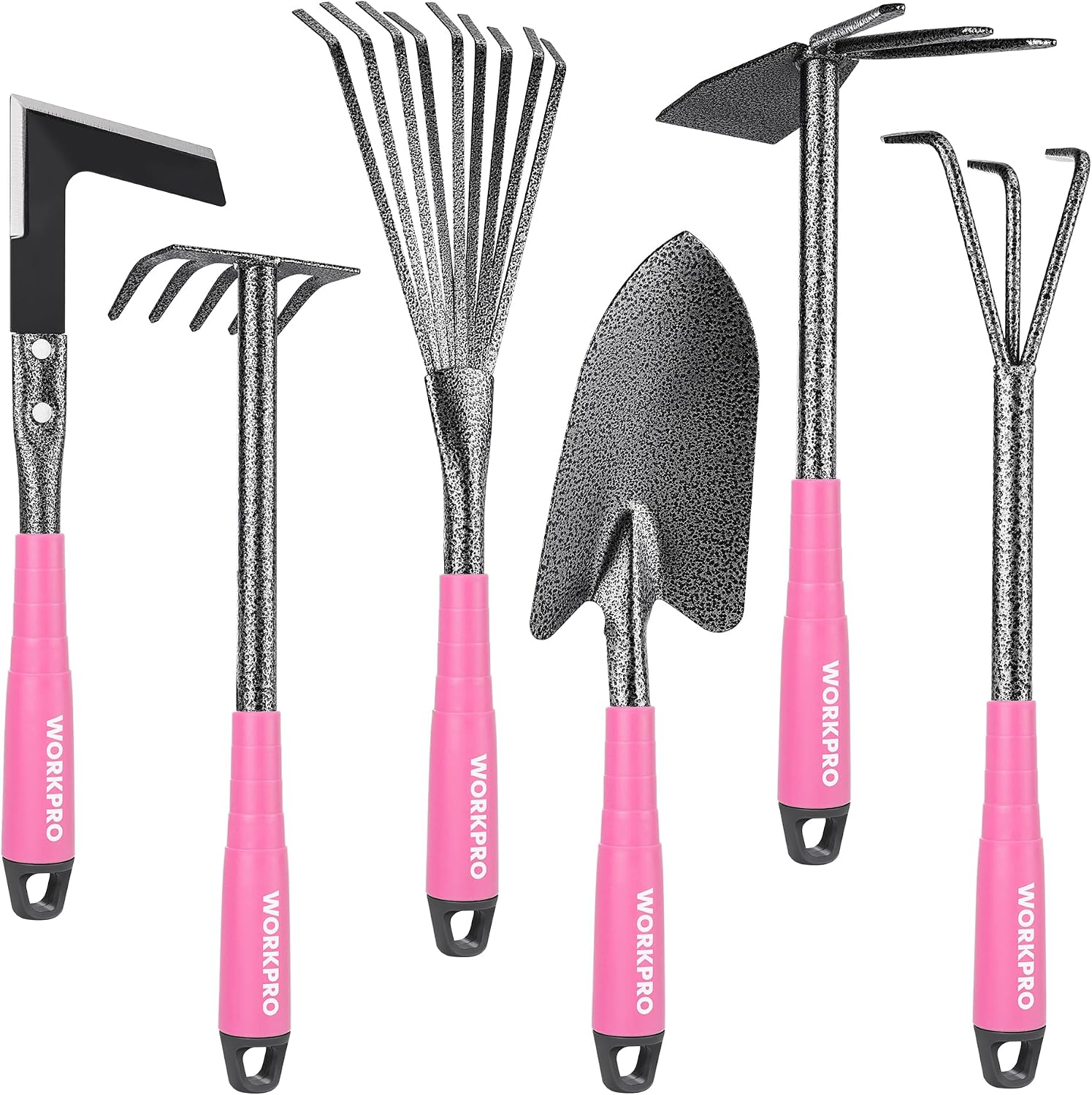 6-Piece Garden Tool Set with Soft Rubber Handle, Trowel, Rakes, Hoe and Crack Weeder