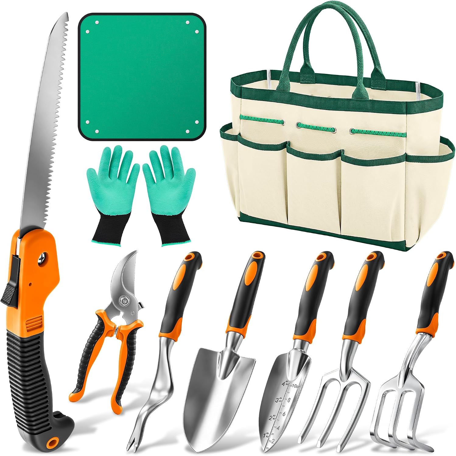 Garden Tool Set with Gloves Bag Pruner Saw Trowel Rake for Weeding Planting