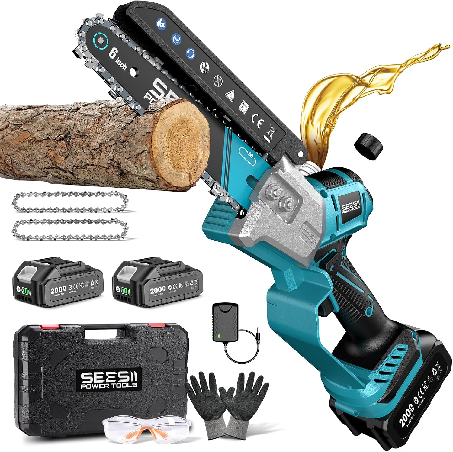 6-Inch Cordless Mini Chainsaw Handheld Electric Power Chain Saw with 2 Batteries for Tree Trimming and Wood Cutting