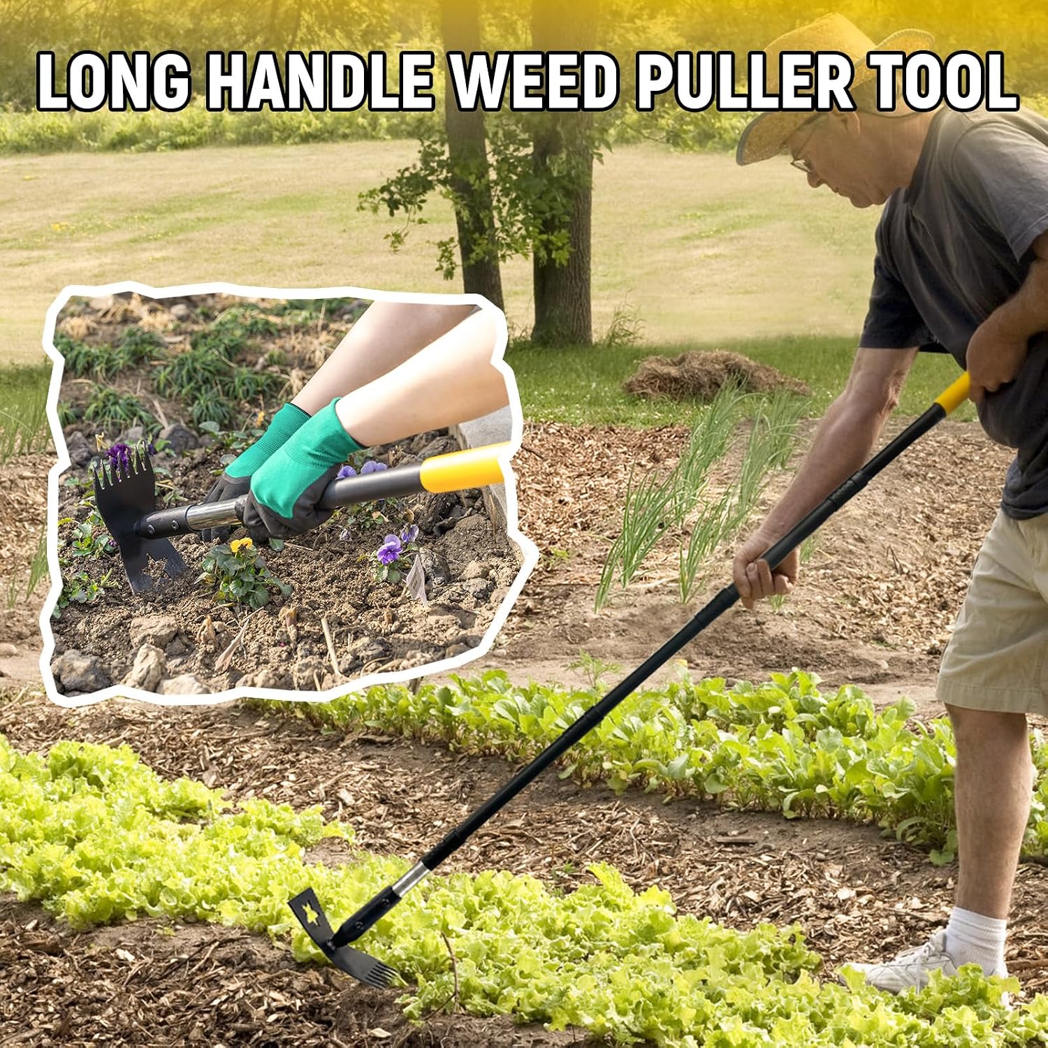 2-in-1 Weed Rake and Garden Hoe 68 Inch Long Handle Weed Puller Tool