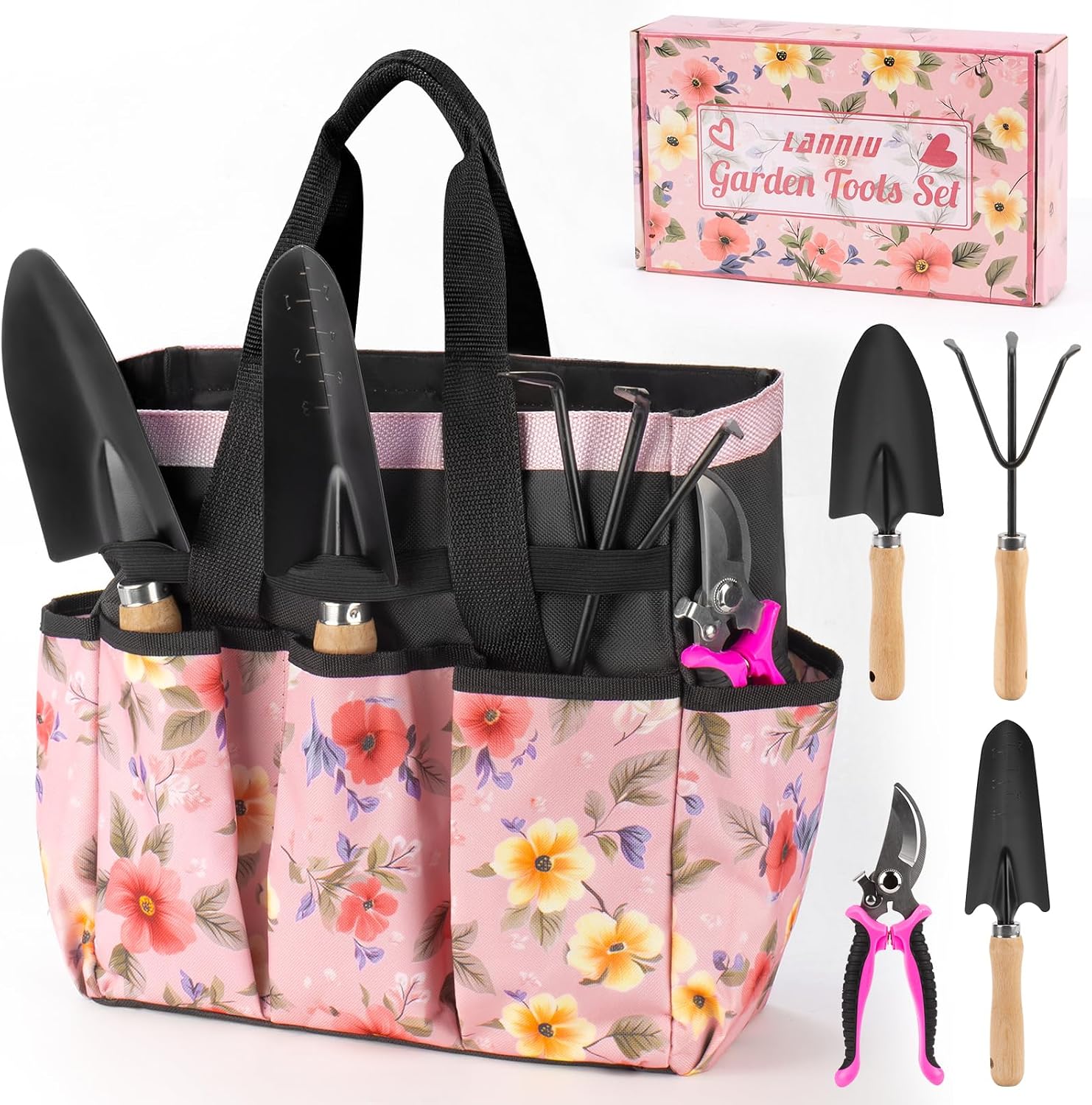 9 Piece Garden Tool Set Heavy Duty Stainless Steel Ergonomic Rubber Handles with Storage Tote Bag