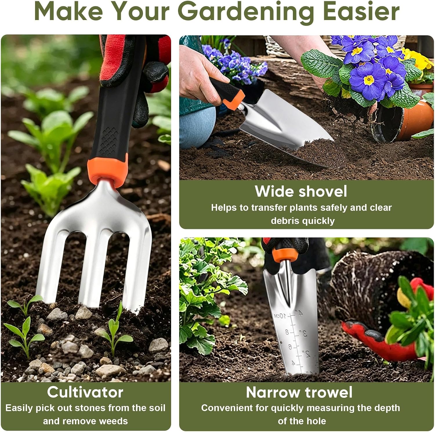 8 Pcs Stainless Steel Heavy Duty Garden Tool Set with Ergonomic Grip
