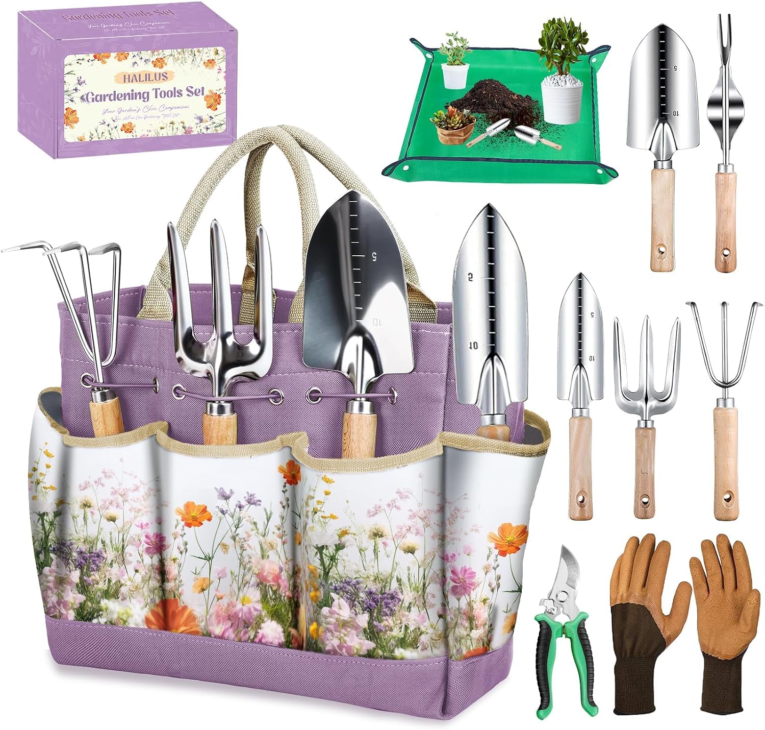 9-Piece Garden Tool Set Stainless Steel Hand Tools with Floral Tote Bag