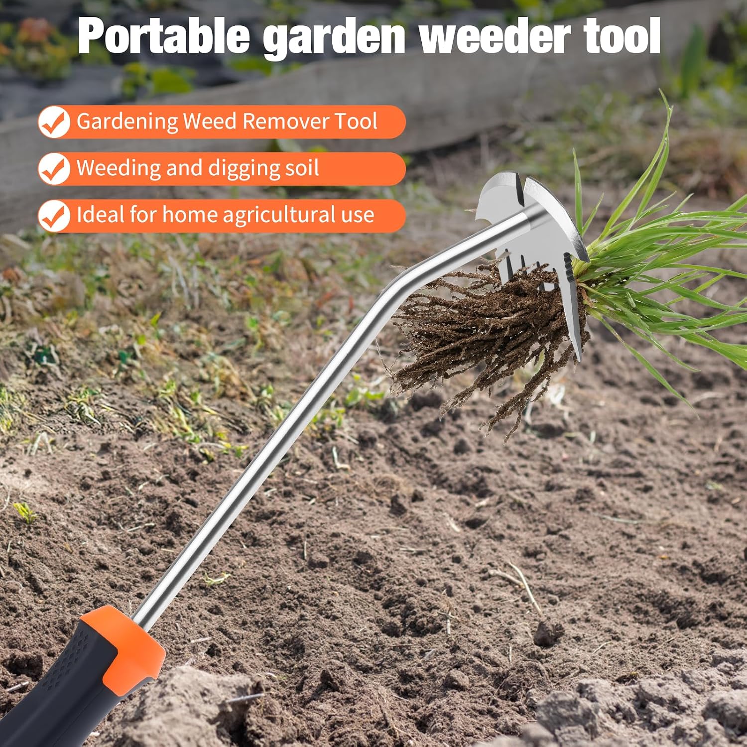 Weed Puller Tool Stainless Steel 5-Teeth Rubber Handle Weeding Tool for Garden Yard Farm
