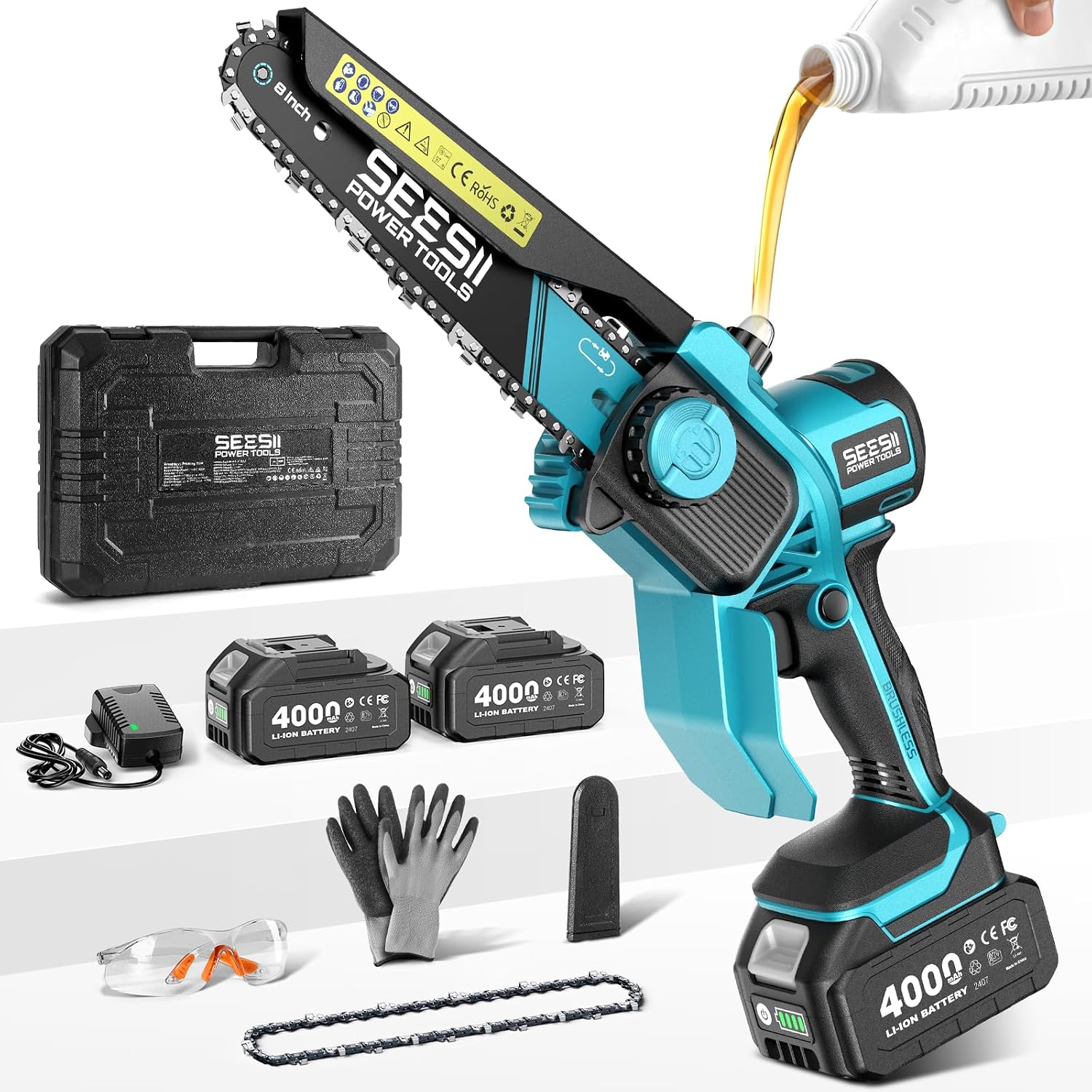 6-Inch Cordless Mini Chainsaw Handheld Electric Power Chain Saw with 2 Batteries for Tree Trimming and Wood Cutting