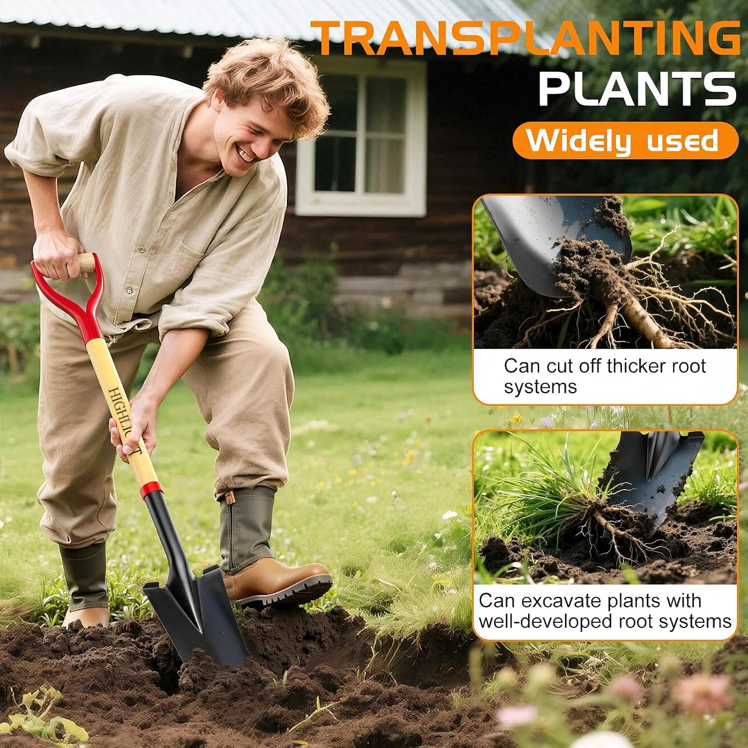 Spade Shovel 45 Inch D-Grip Steel Narrow Transplanting Drain Spade