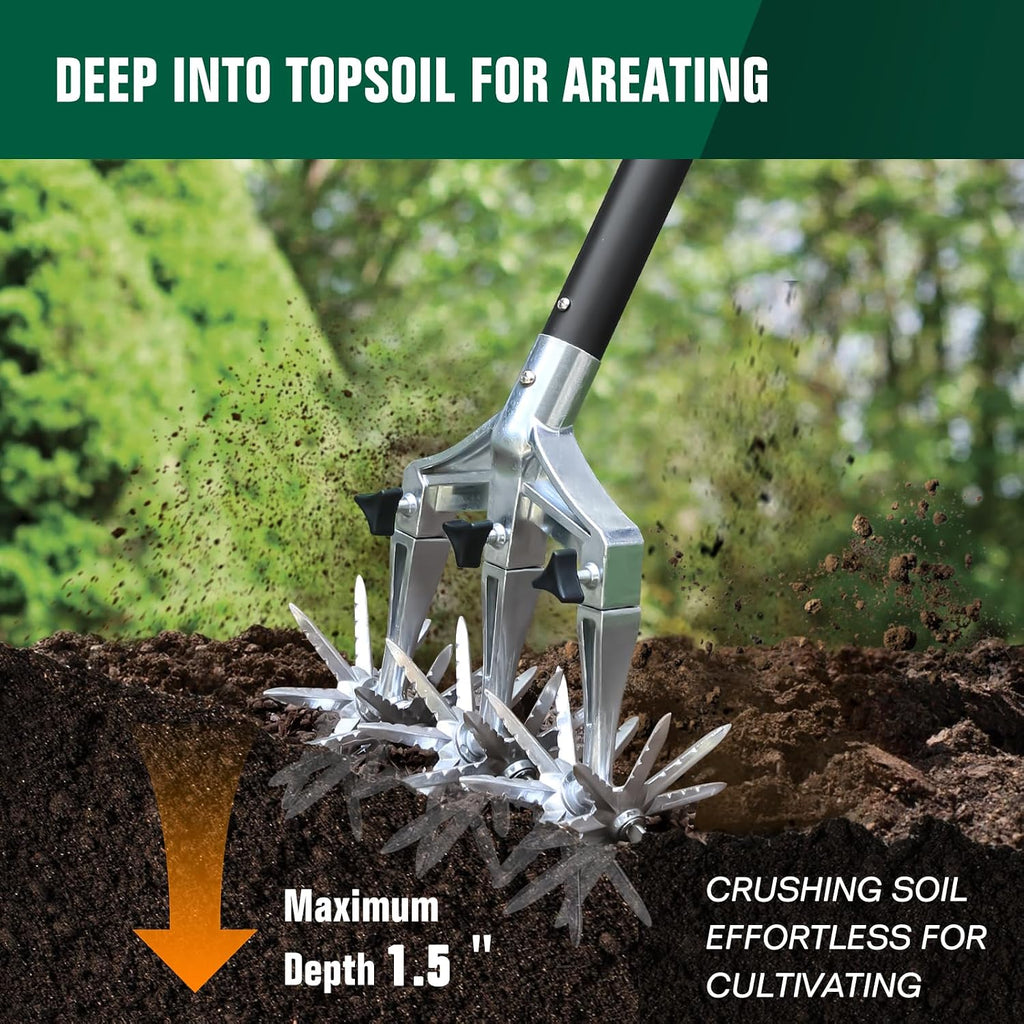 Rotary Cultivator Garden Tool for Gardening and Lawn 61-Inch, Manual Hand Tiller with Detachable Tines and Steel Handle