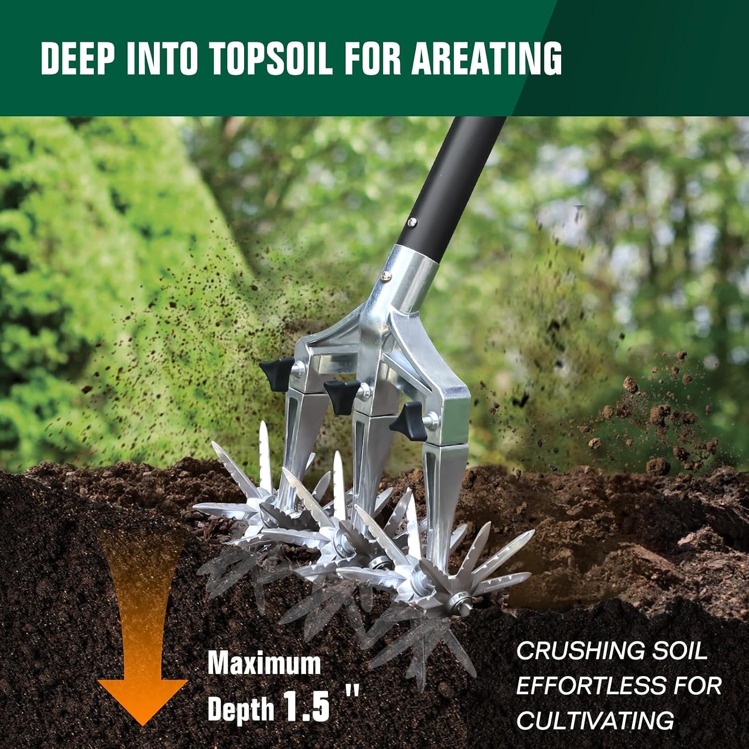 Rotary Cultivator Garden Tool for Gardening and Lawn 61-Inch, Manual Hand Tiller with Detachable Tines and Steel Handle