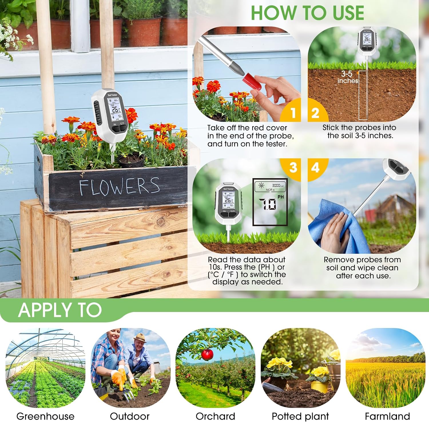 4-in-1 Soil Moisture Meter Digital Plant Tester with Backlight LCD Display