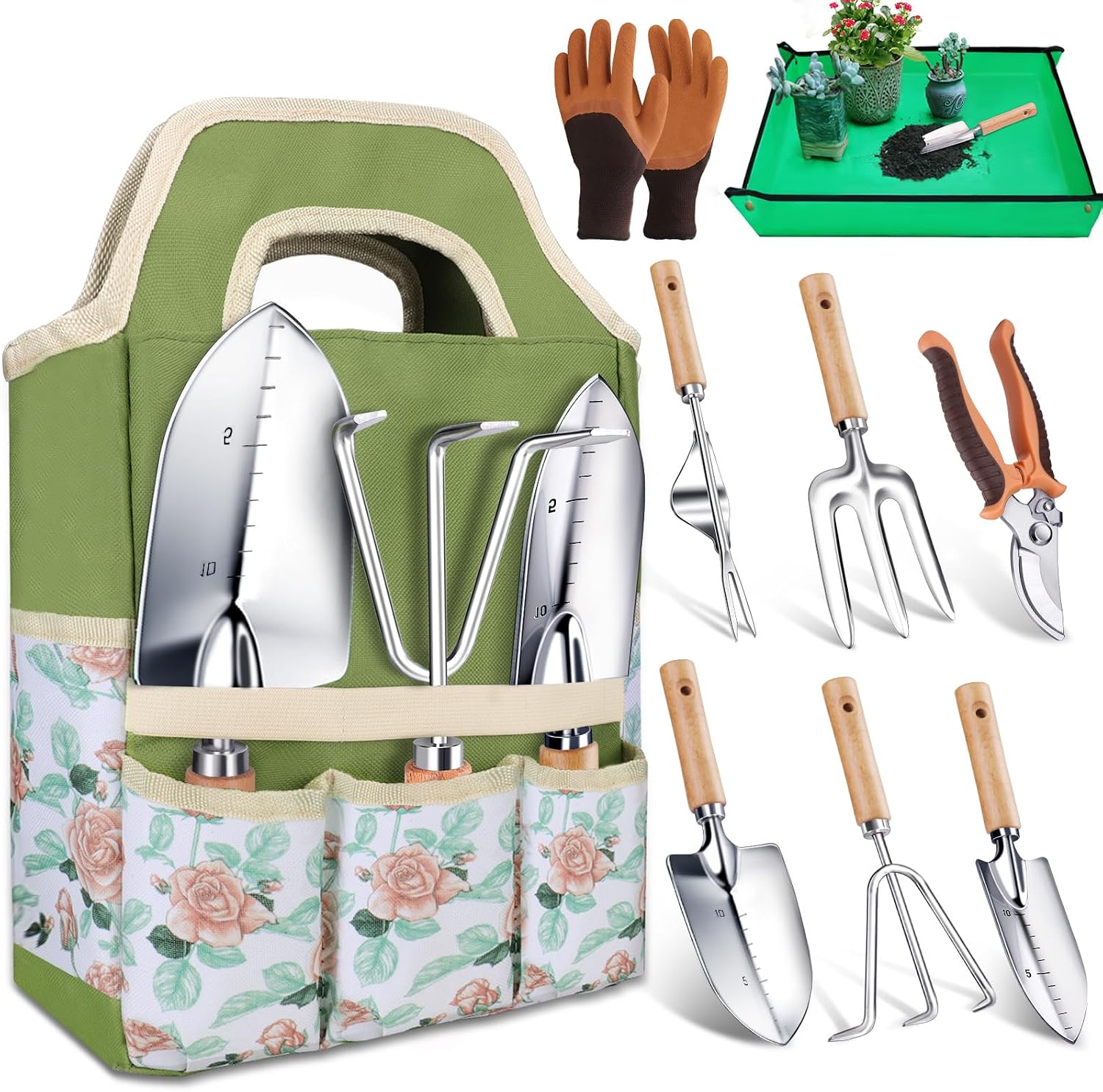 7-Piece Gardening Tools Set with Trowel, Hand Rake, Pruning Shears, Gloves and Repotting Mat