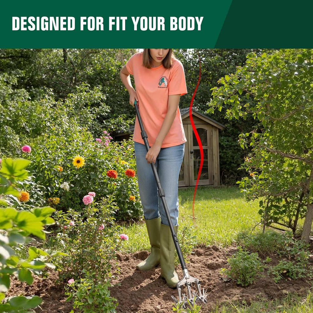 Rotary Cultivator Garden Tool for Gardening and Lawn 61-Inch, Manual Hand Tiller with Detachable Tines and Steel Handle