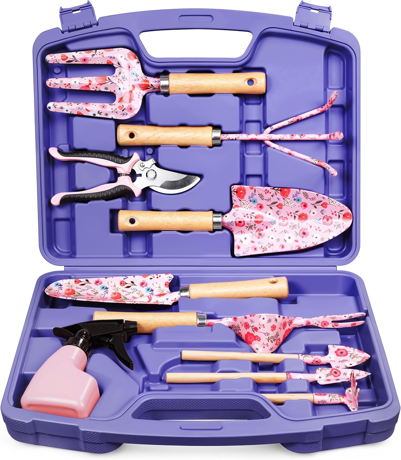 12-Piece Complete Garden Tool Set with Carrying Case, Floral Print Rust-Proof Trowel, Rake, Weeder and Pruner