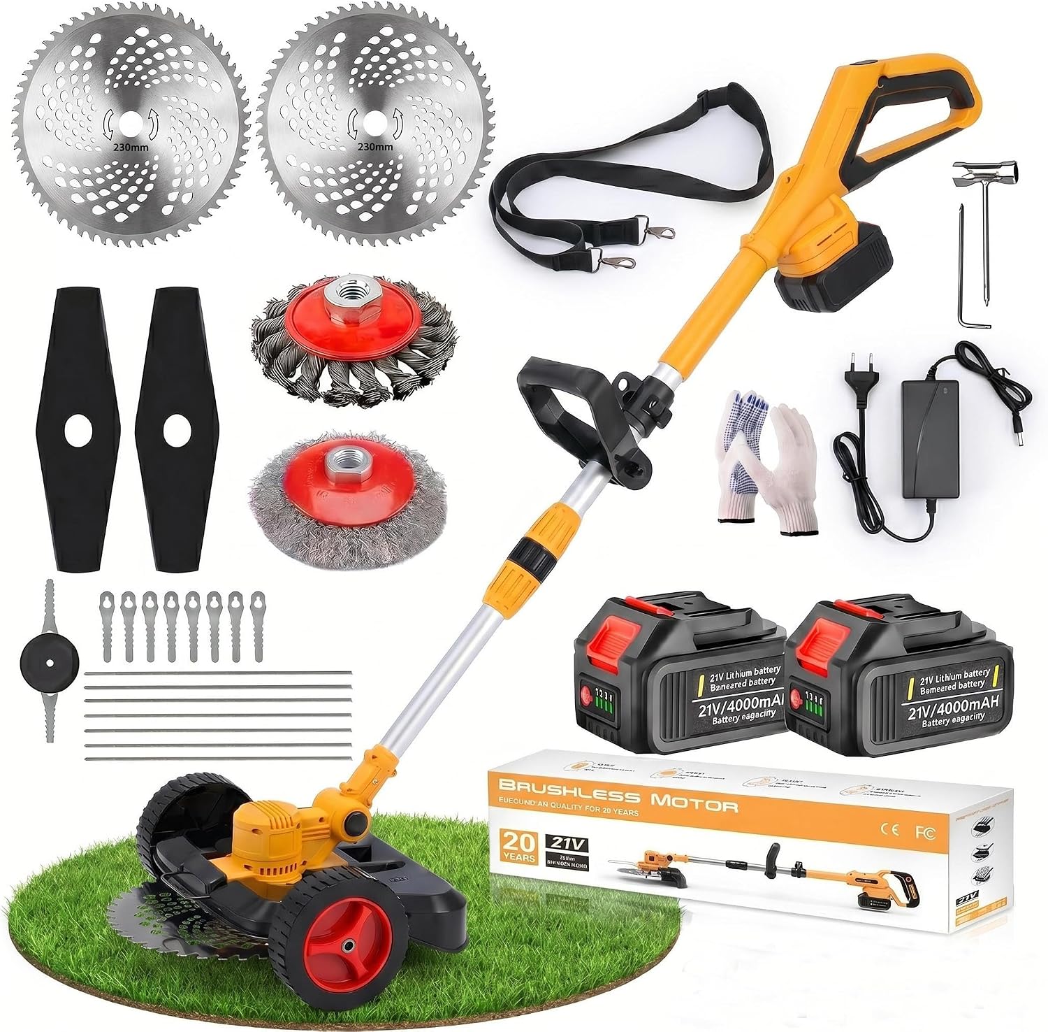 Cordless Weed Wacker with Wheels, 5-in-1 Electric String Trimmer, Battery Powered Weed Eater with 2 Batteries, Foldable Height Adjustable Lightweight Edger Lawn Tool