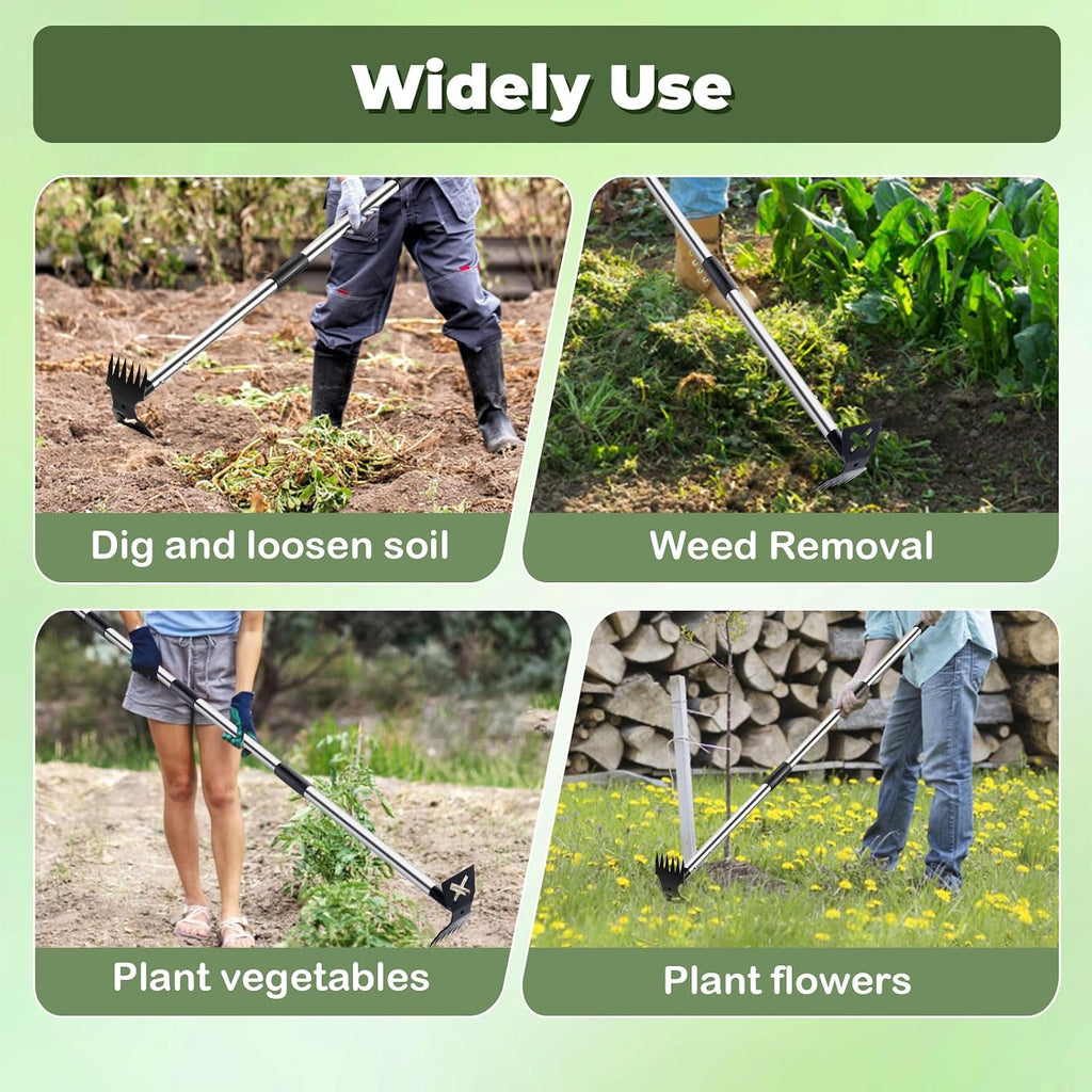 Long Handle Weed Puller Tool Heavy Duty Garden Hoe and Rake 60 Inch 2 in 1 Manual Weeder for Garden Yard Lawn