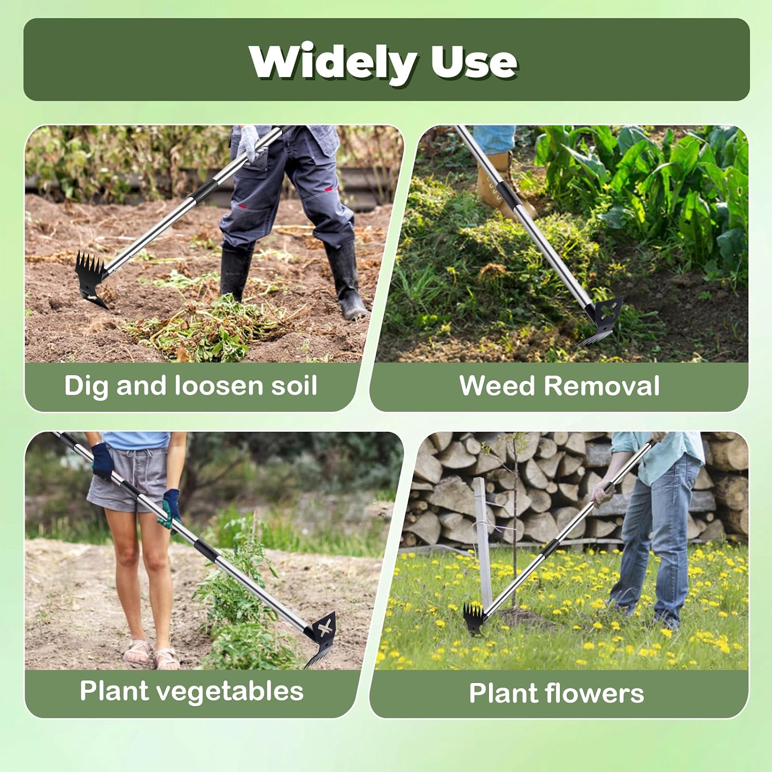 Long Handle Weed Puller Tool Heavy Duty Garden Hoe and Rake 60 Inch 2 in 1 Manual Weeder for Garden Yard Lawn