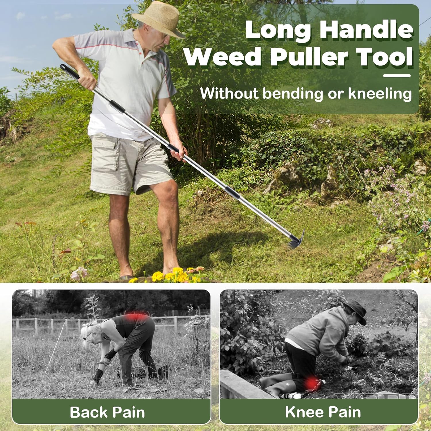 Long Handle Weed Puller Tool Heavy Duty Garden Hoe and Rake 60 Inch 2 in 1 Manual Weeder for Garden Yard Lawn