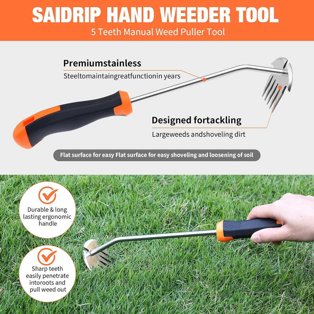 Weed Puller Tool Stainless Steel 5-Teeth Rubber Handle Weeding Tool for Garden Yard Farm