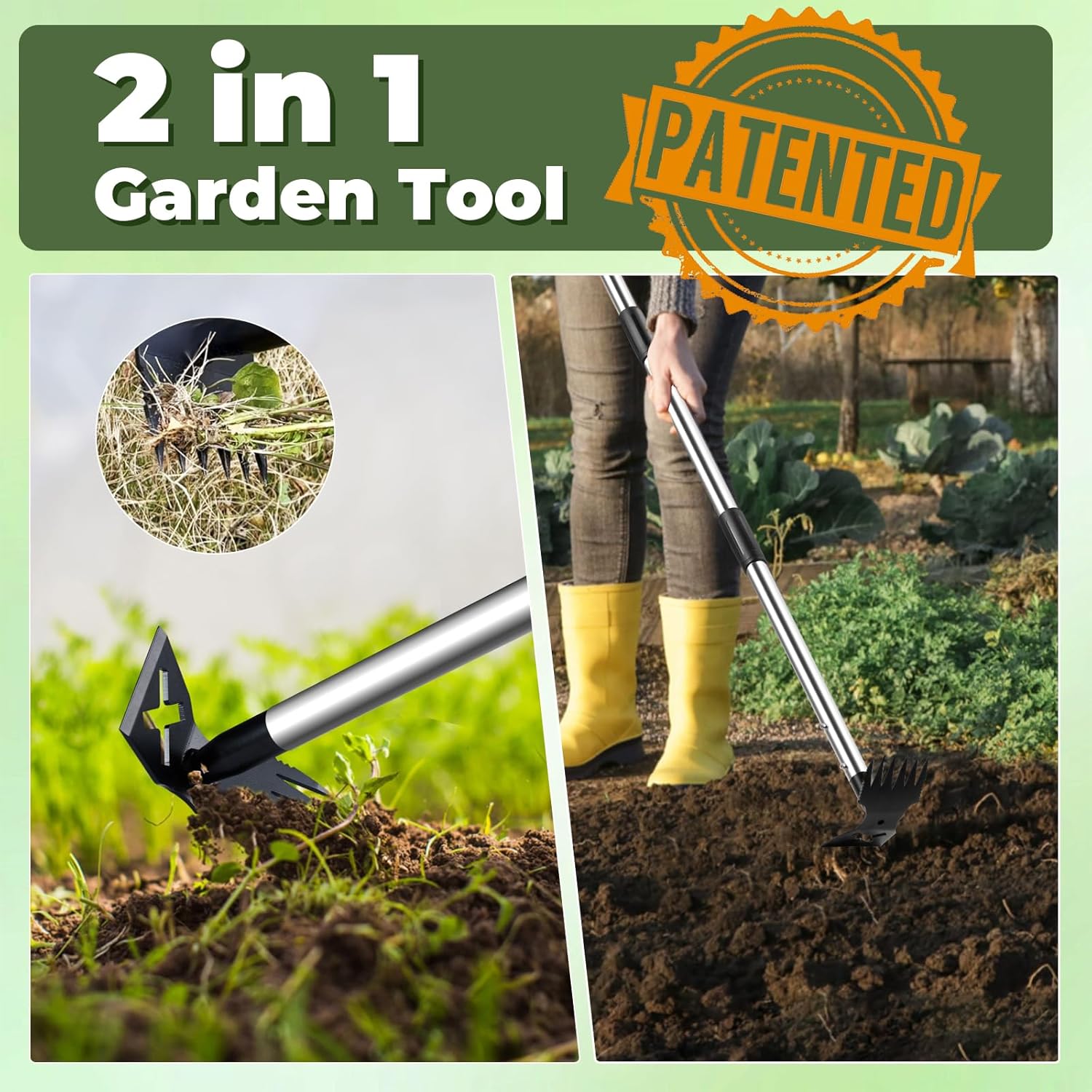 Long Handle Weed Puller Tool Heavy Duty Garden Hoe and Rake 60 Inch 2 in 1 Manual Weeder for Garden Yard Lawn
