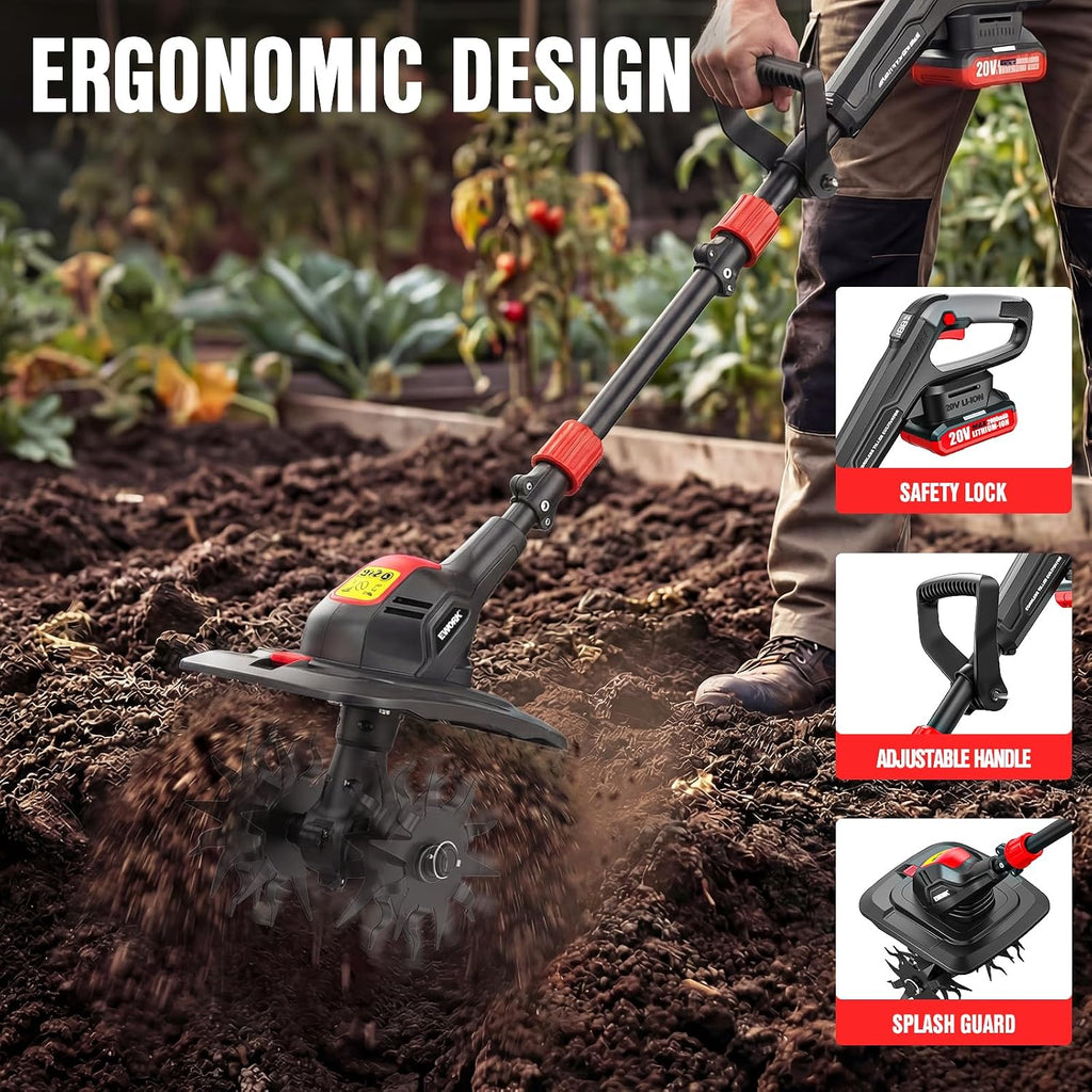 20V Cordless Tiller Cultivator Electric Hand Tiller for Garden and Yard
