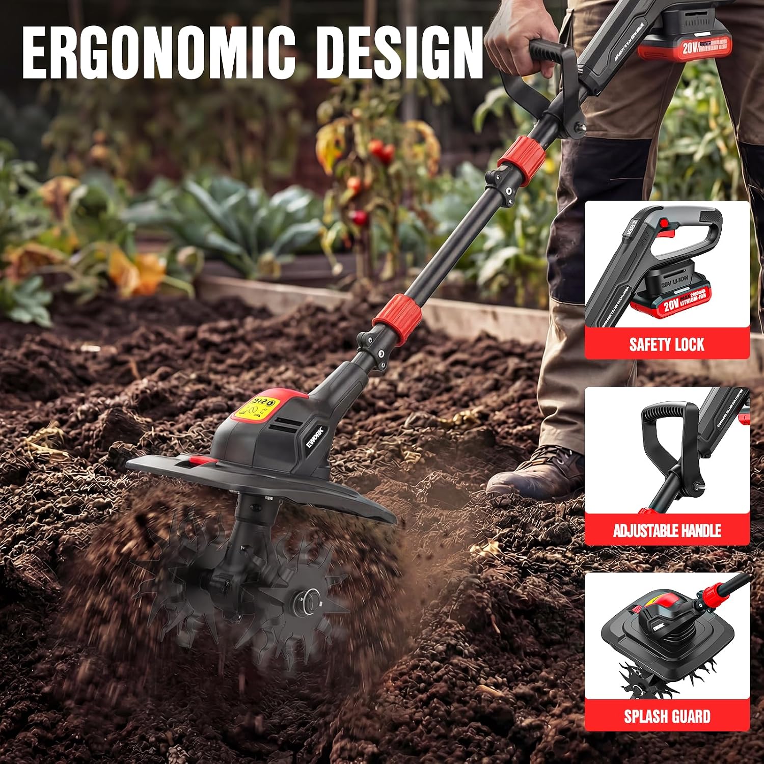 20V Cordless Tiller Cultivator Electric Hand Tiller for Garden and Yard