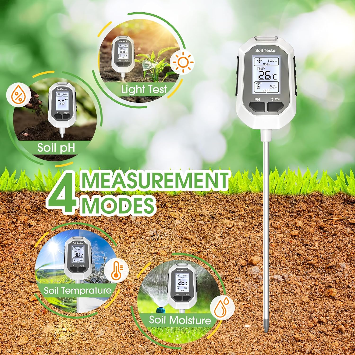 4-in-1 Soil Moisture Meter Digital Plant Tester with Backlight LCD Display