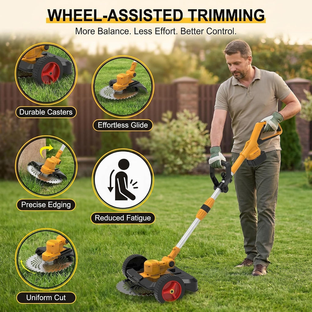 Cordless Weed Wacker with Wheels, 5-in-1 Electric String Trimmer, Battery Powered Weed Eater with 2 Batteries, Foldable Height Adjustable Lightweight Edger Lawn Tool