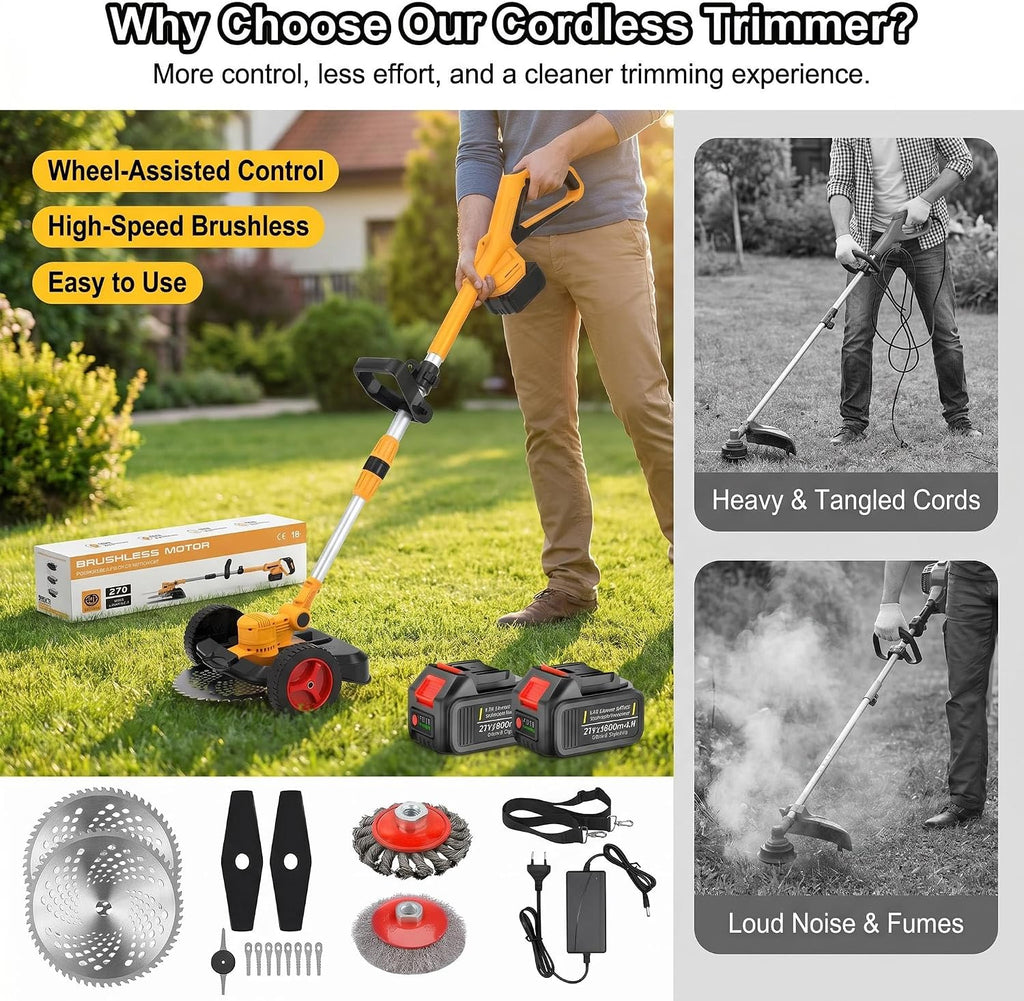 Cordless Weed Wacker with Wheels, 5-in-1 Electric String Trimmer, Battery Powered Weed Eater with 2 Batteries, Foldable Height Adjustable Lightweight Edger Lawn Tool