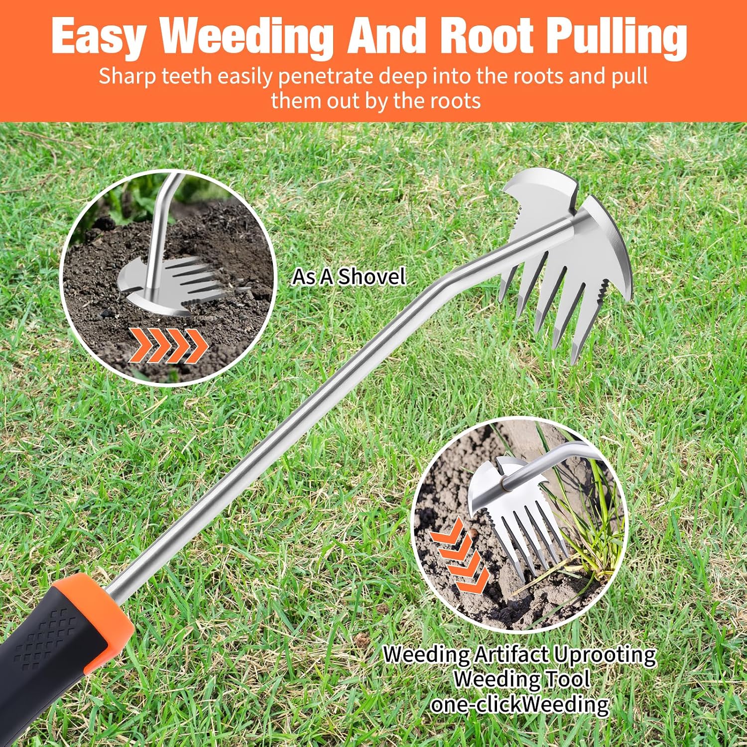 Weed Puller Tool Stainless Steel 5-Teeth Rubber Handle Weeding Tool for Garden Yard Farm