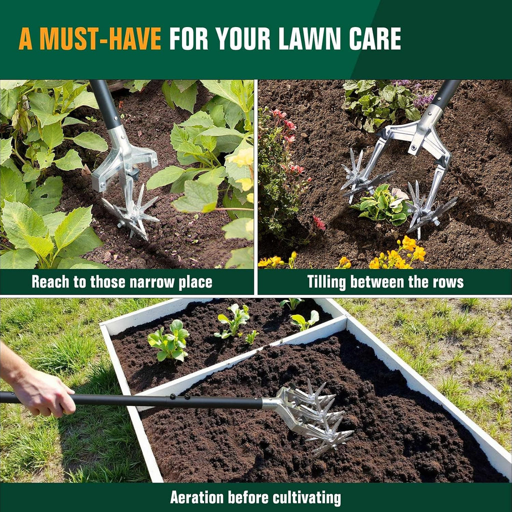 Rotary Cultivator Garden Tool for Gardening and Lawn 61-Inch, Manual Hand Tiller with Detachable Tines and Steel Handle