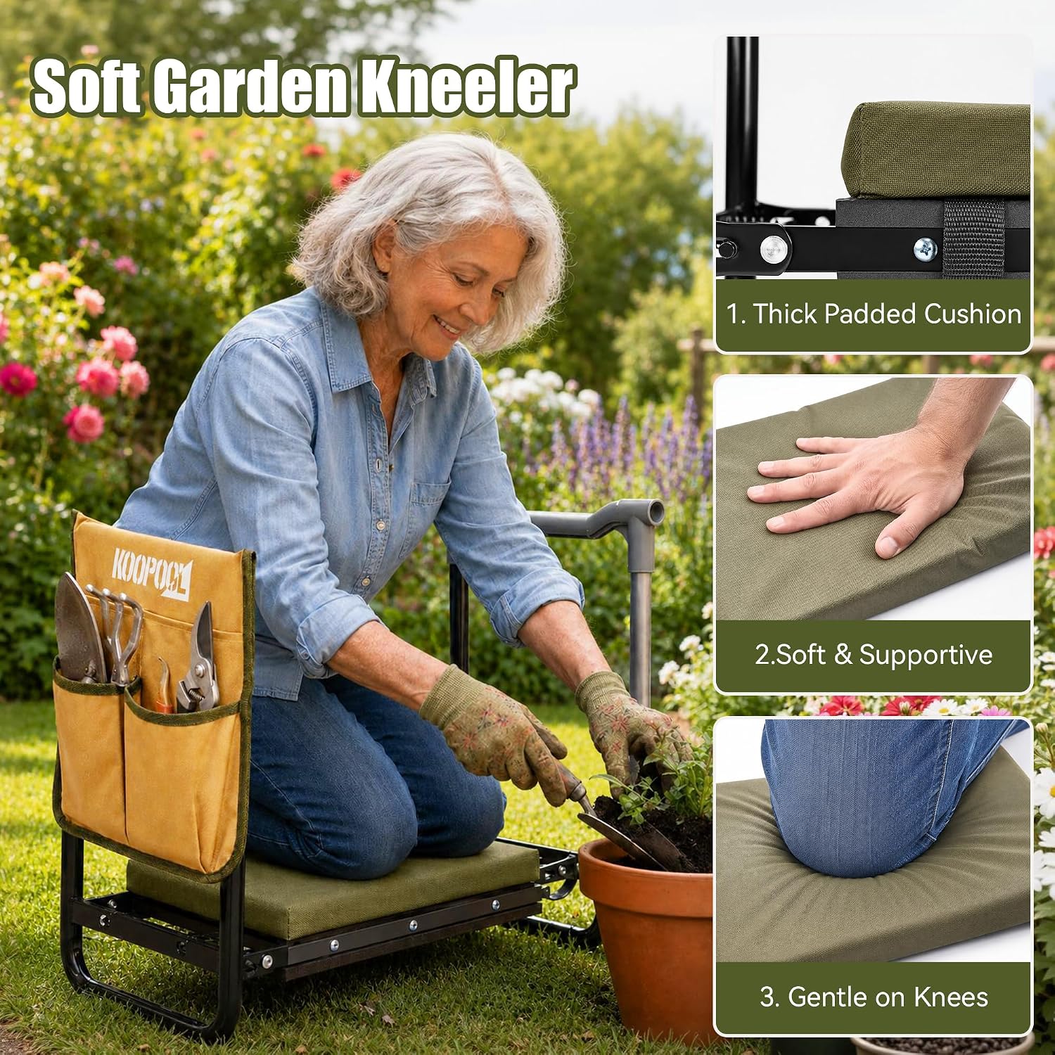 Foldable Garden Kneeler and Seat with EVA Pad and Tool Pouches