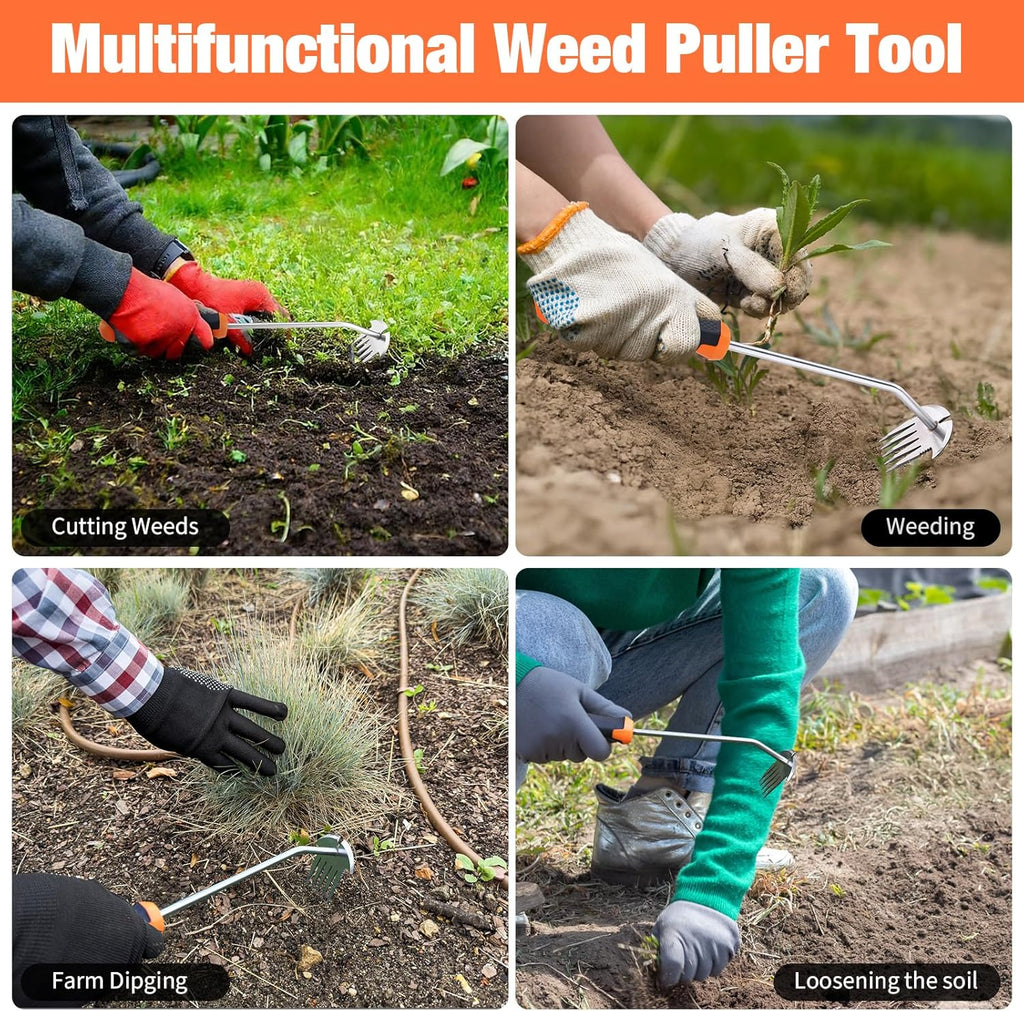 Weed Puller Tool Stainless Steel 5-Teeth Rubber Handle Weeding Tool for Garden Yard Farm
