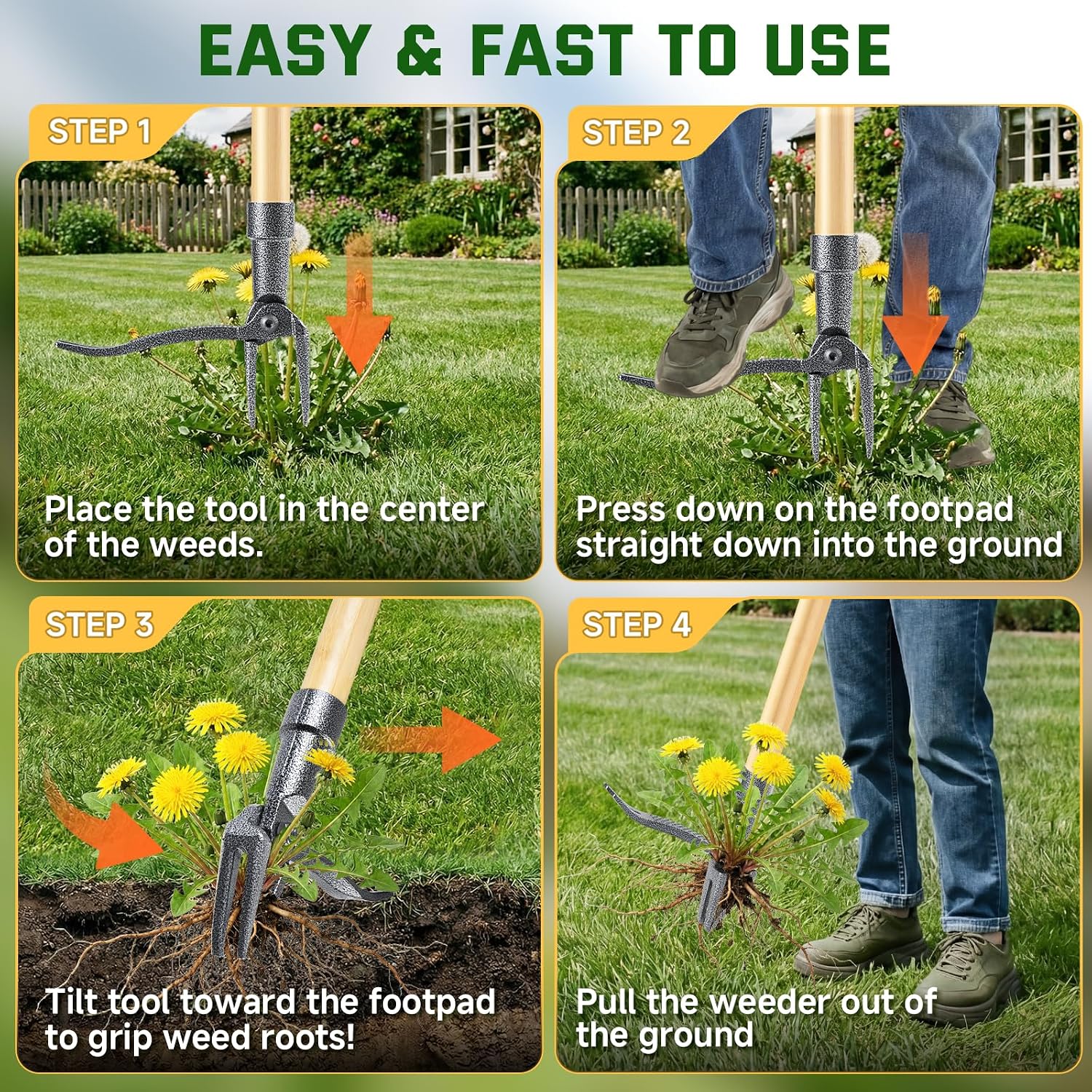 Stand-Up Weed Puller Tool with Long Handle 4-Claw Steel Head